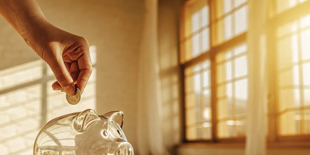 A hand saving a coin in a piggy bank to buy down an interest rate.