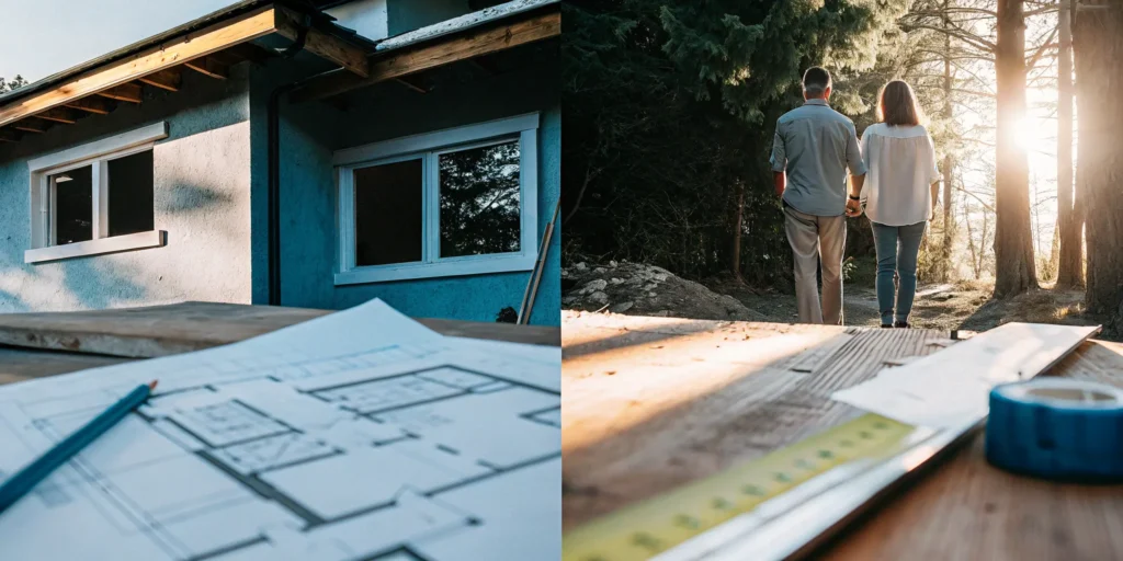 A couple using a construction loan for their house renovation, looking over blueprints and tools.