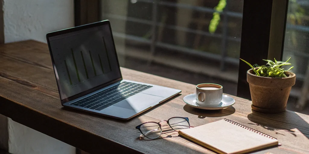 A laptop displaying current bank statement loan rates and financial charts.