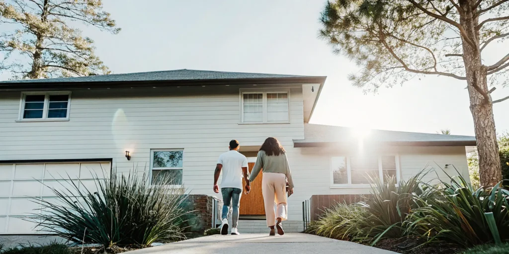 Couple outside their second home discussing the mortgage and rental rules.
