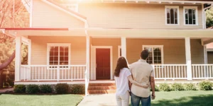 Couple smiling in front of their second home.