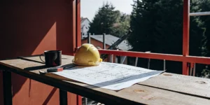 Construction loan tools: hard hat, blueprint, and coffee.