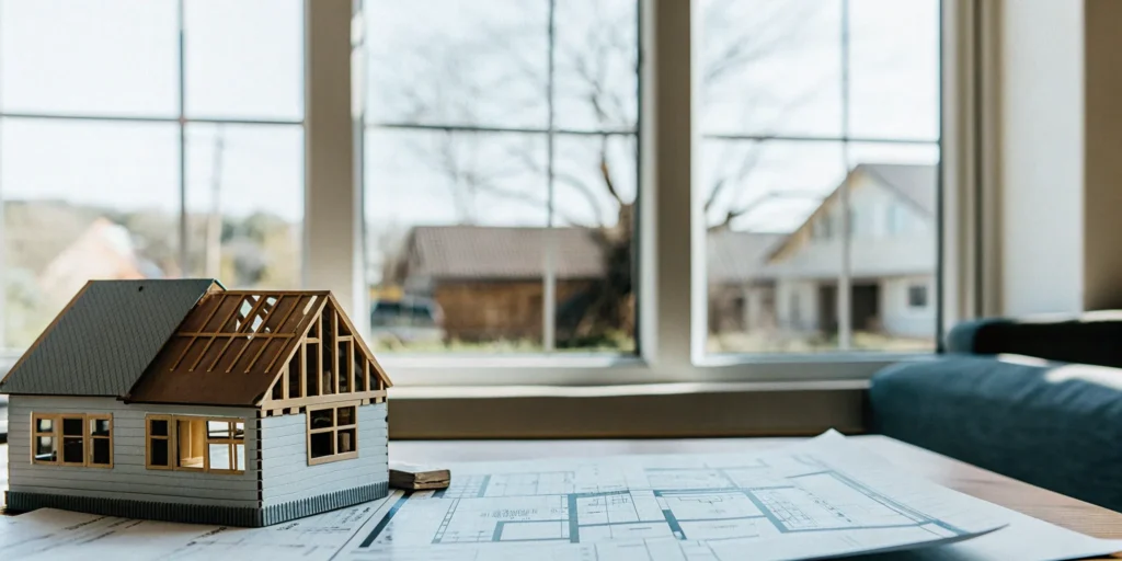 Model house on blueprints for a construction loan vs renovation loan decision.