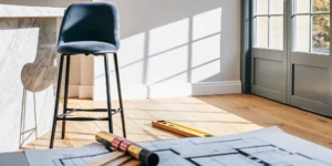 Home renovation calculator with measuring tape and blueprints.