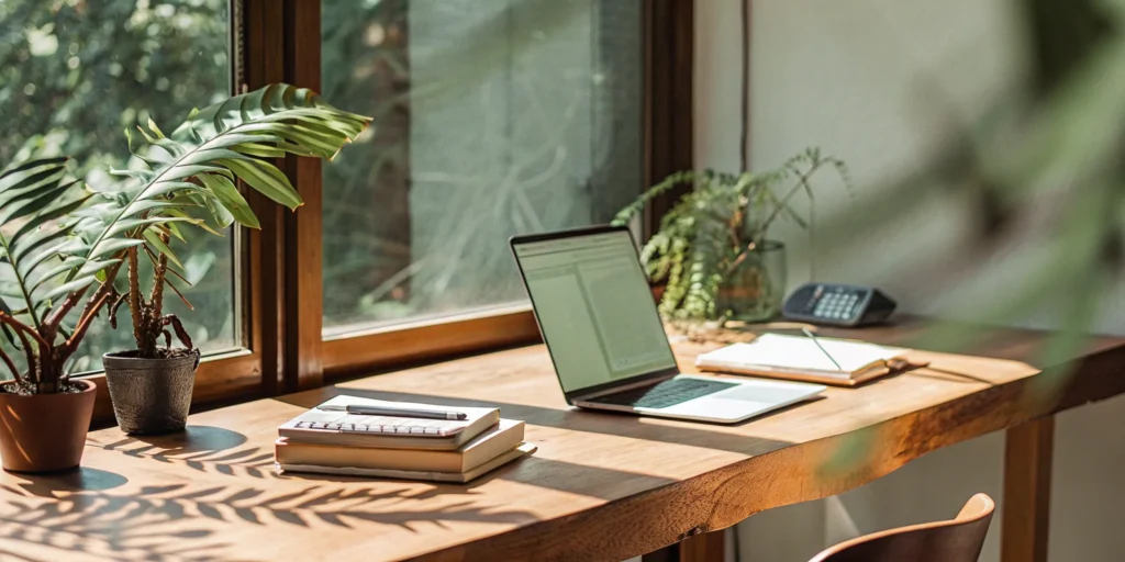Home office desk with a laptop to calculate lender credit for closing costs.