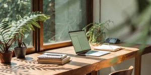 Home office desk with a laptop to calculate lender credit for closing costs.