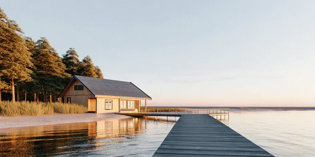 Lakefront cabin second home at sunset, secured with the best mortgage rates.