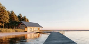 Lakefront cabin second home at sunset, secured with the best mortgage rates.