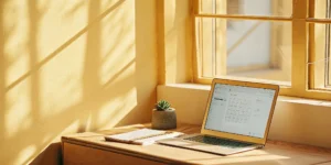 Laptop on a desk displaying an FHA down payment calculator next to a notebook.