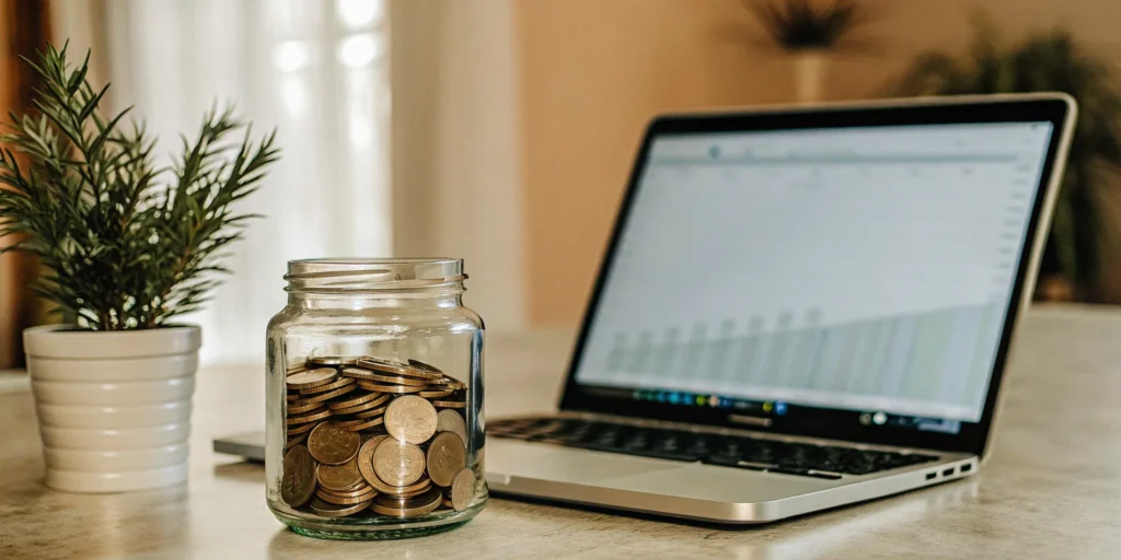 A laptop with charts and a jar of coins showing what a lender credit on a mortgage is.