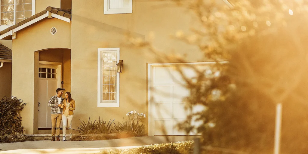 Couple in front of a California home, qualifying for down payment assistance.