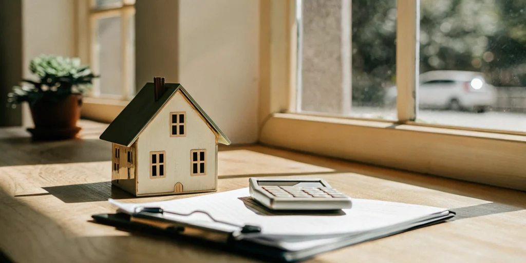 Calculating down payment and closing cost assistance with paperwork and a model home.