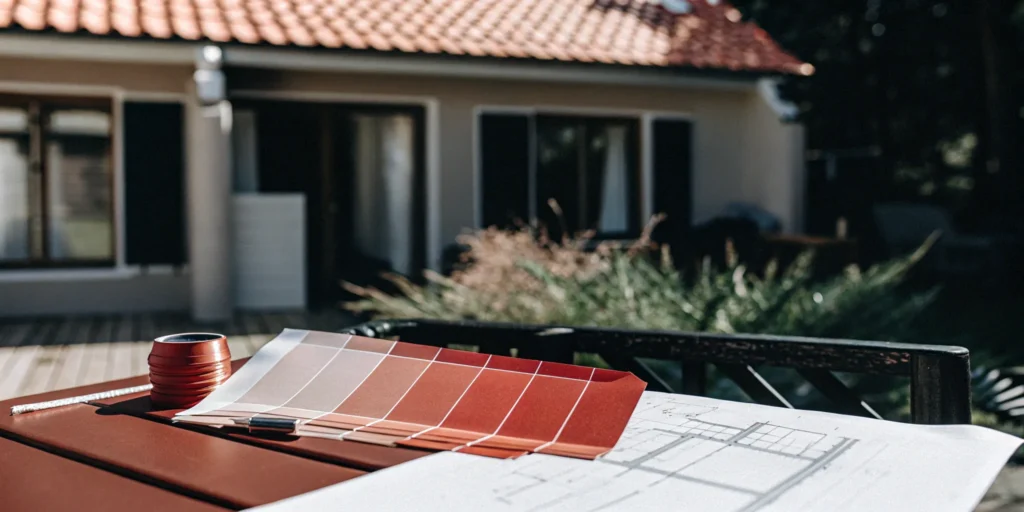 Home remodeling plans and color swatches on a table, financed with government loans.