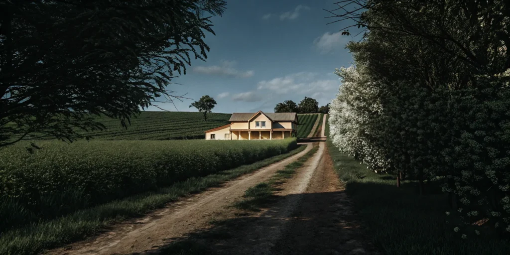 A country house surrounded by fields, the kind of home you can apply for a rural development loan to buy.