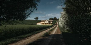 A country house surrounded by fields, the kind of home you can apply for a rural development loan to buy.