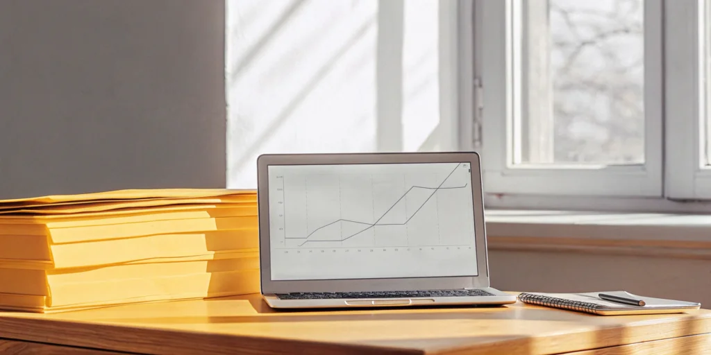 Laptop with a bank statement income calculator next to physical statements and a calculator.