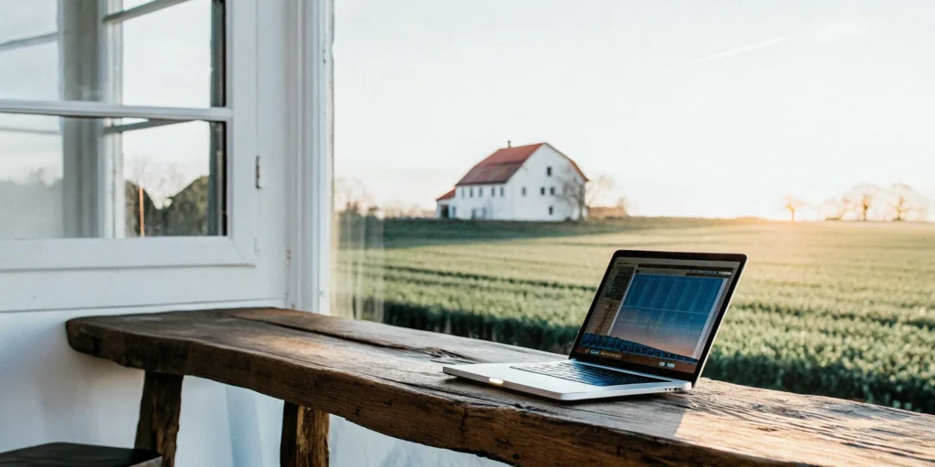Laptop on a desk with a USDA loan calculator, overlooking a rural house and farmland.