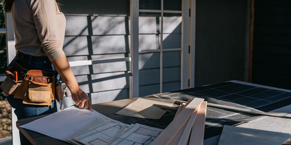 Person reviewing renovation plans while comparing different types of renovation loans.