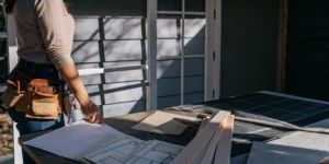 Person reviewing renovation plans while comparing different types of renovation loans.