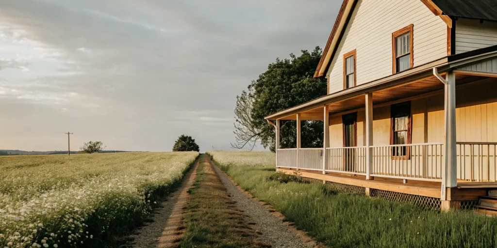 A rural farmhouse on a gravel road, a property eligible for competitive USDA housing loan rates.