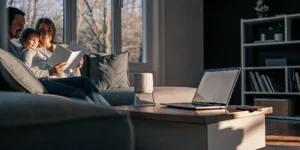 A family relaxing on a sofa in their new living room, a home purchased with an FHA loan.