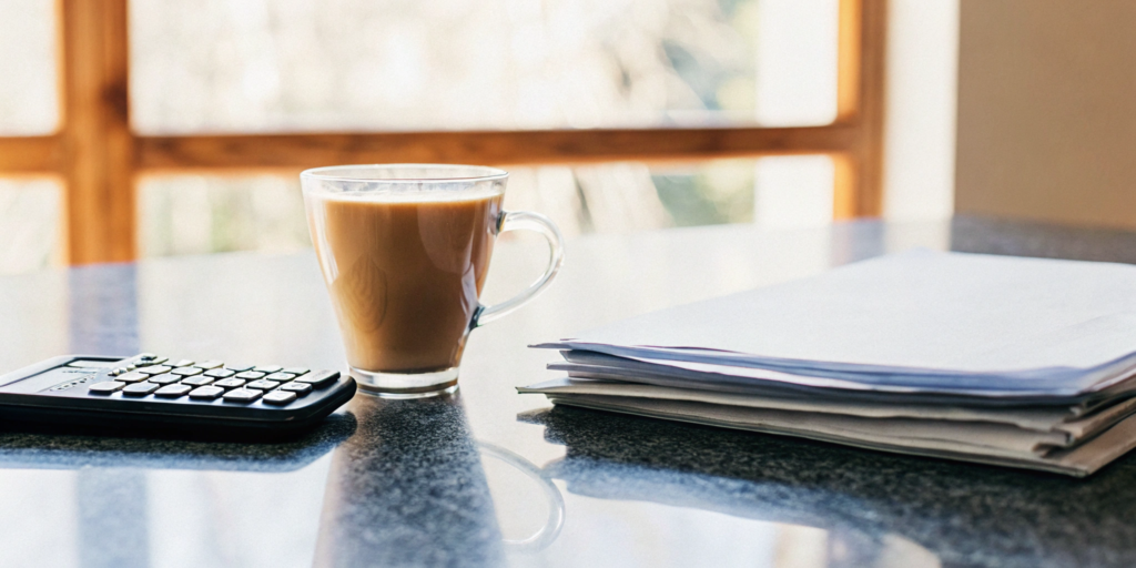 A calculator and paperwork on a desk for making a USDA direct loan payment.