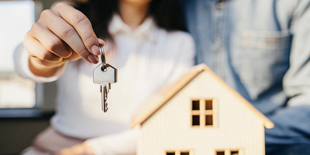 A hand holding a house key over a model home, the goal of the down payment assistance timeline.