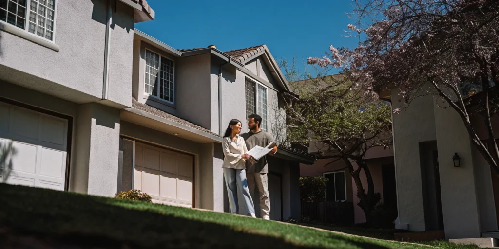Couple reviewing documents for a California down payment assistance grant outside a home.