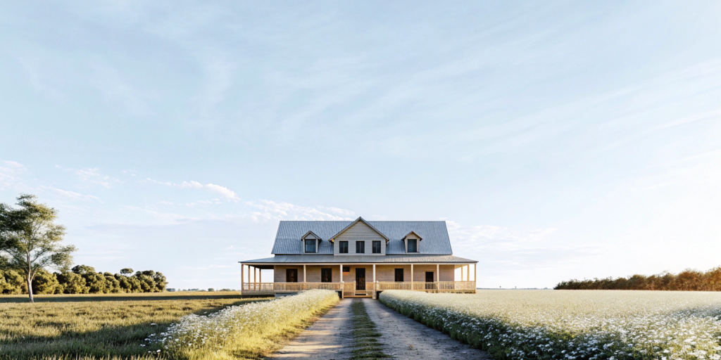A country house with a wraparound porch eligible for a USDA rural development housing loan.