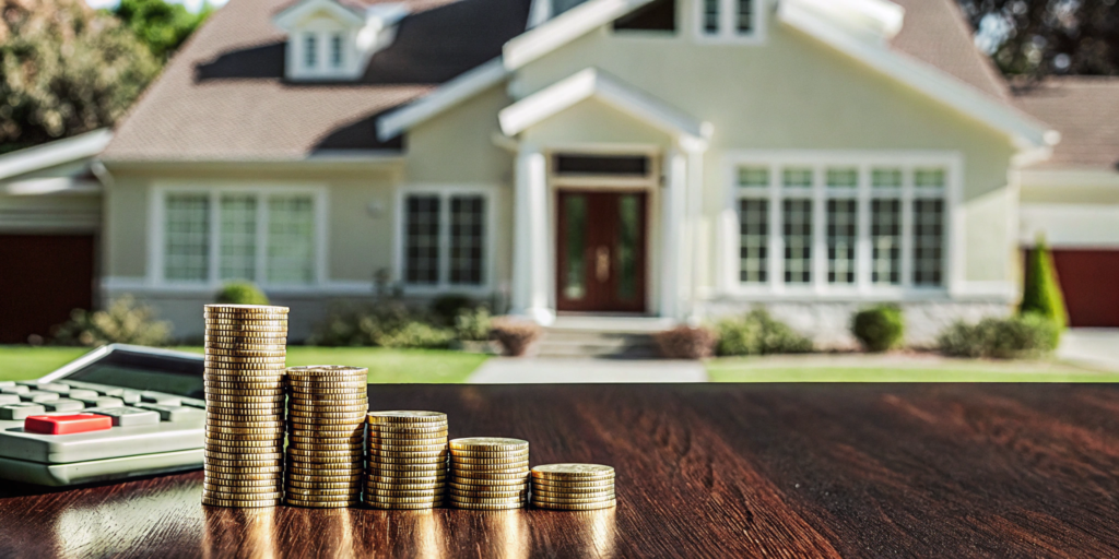 A calculator and coins by a house model for calculating 2025 FHA loan limits and income requirements.