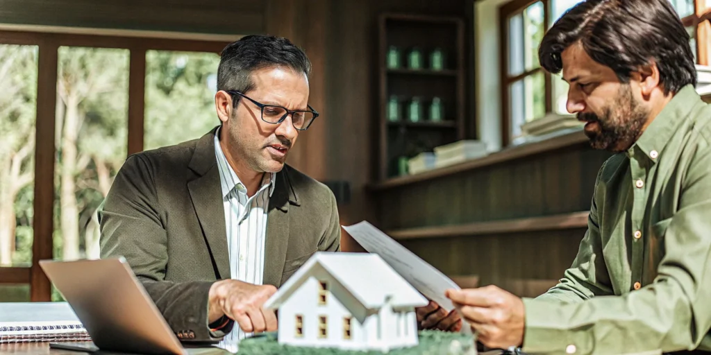 Men reviewing how to refinance without paying closing costs with paperwork and a model home.